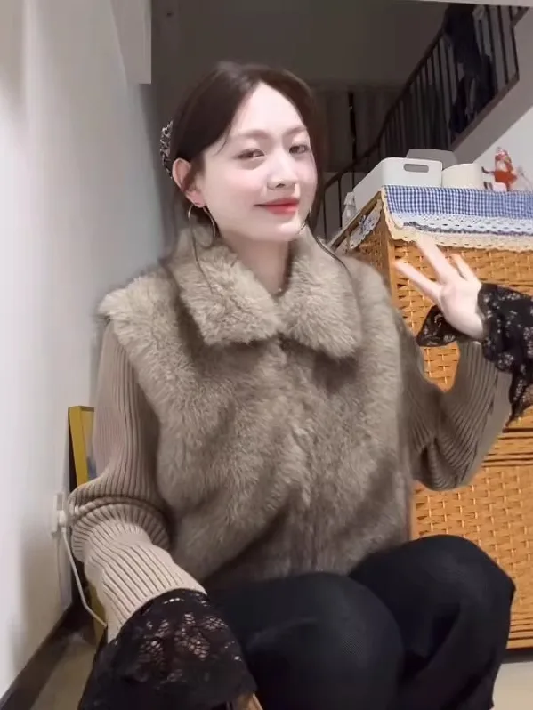 

American Retro Faionable Fur Coat Collar up Outerwear Youth Casual Warm Whole Skin Long Sve Zipper Closure Fur Collar