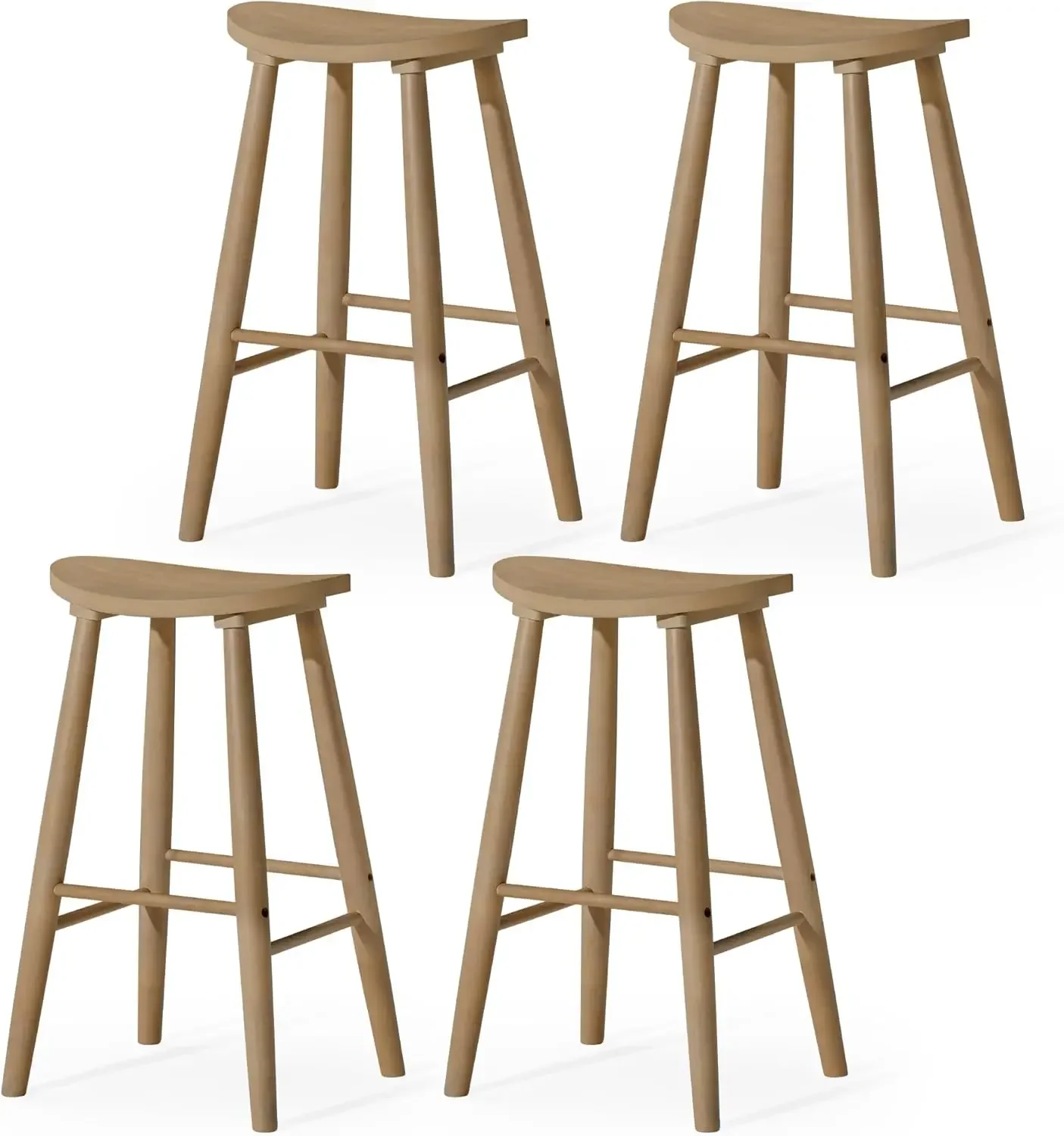 Set Of Four Round Stools 31 Inch With Footrest Natural Solid Wood Space Saving Design For Breakfast Bars Tall Counters Ideal For