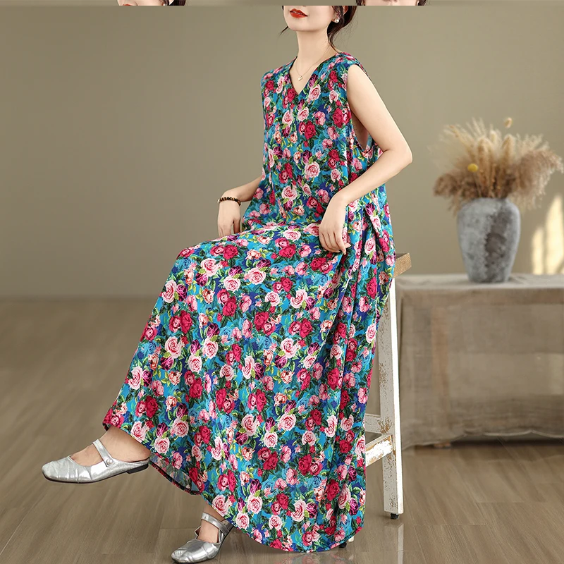 New plus Size Svel V-Ne Gown Vintage Print Silk Cotton Linen Long Dr A-Line Skirt Sle Full Flounce Hem Summer Dr