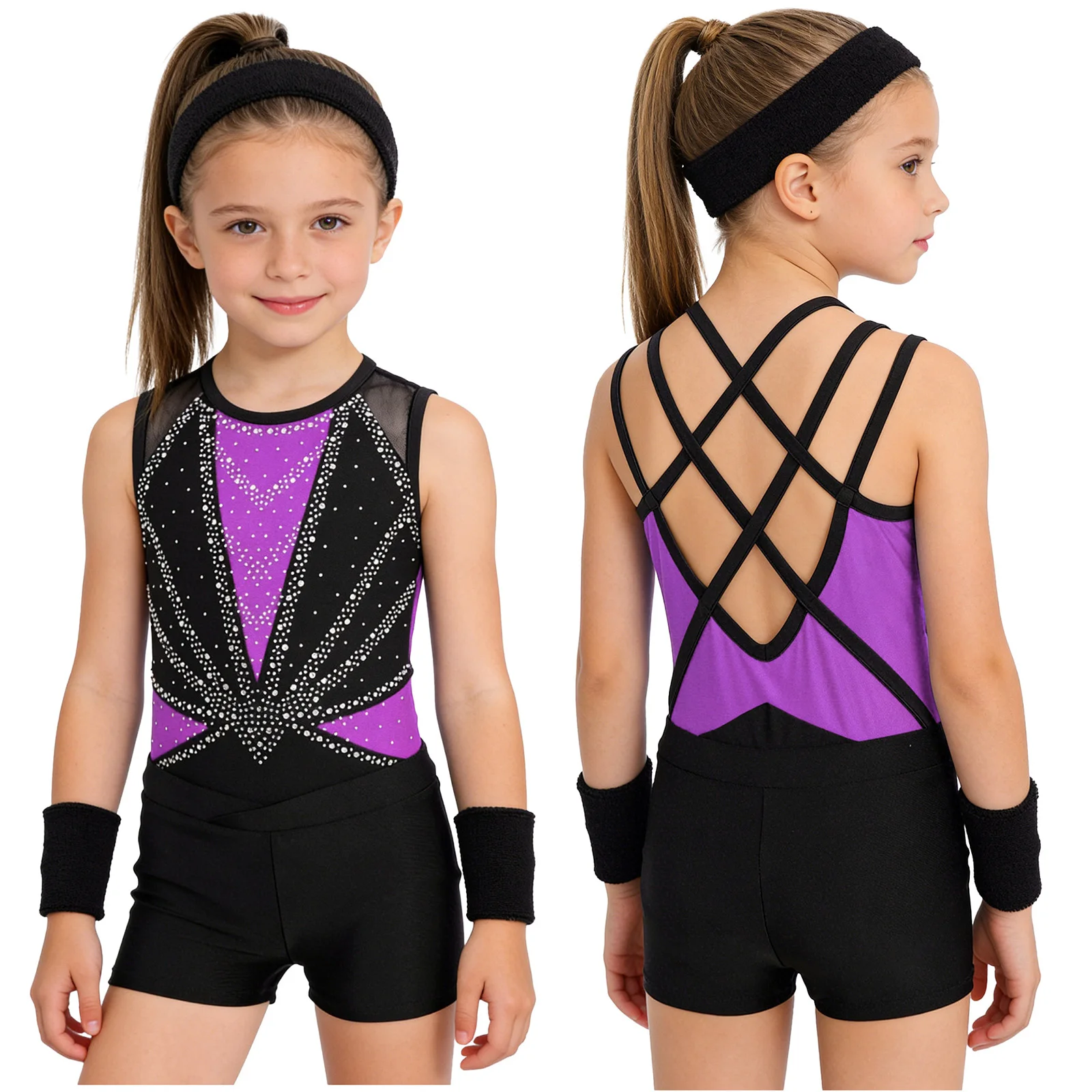 

Kids Girls Gymnastics Leotards Sleeveless Rhinestones Jumpsuit with Shorts Sports Headband for Ballet Dance Acrobatics Training