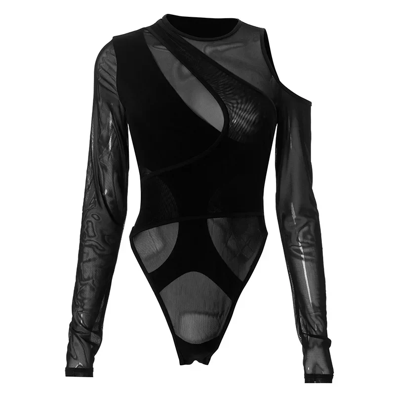 Sexy Women Hollow Out Mesh Bodysuits Skinny Rompers Long Sleeve Cut-out Shoulder Bodysuit See Through Outfits Party Overalls New