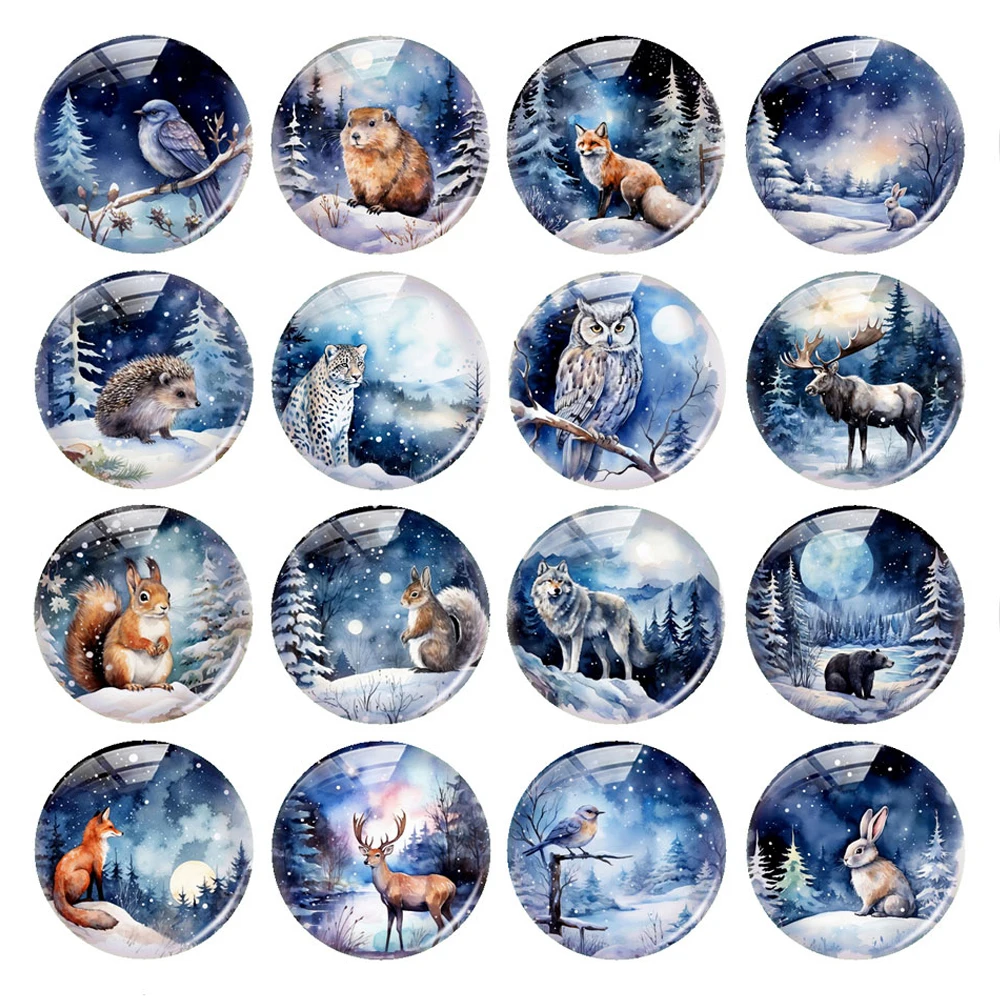 Handmade Winter Cute Animals Night Mountain Wild Photo Glass Cabochon Charm Demo Flat Back Cameo For Diy Jewelry Making Findings