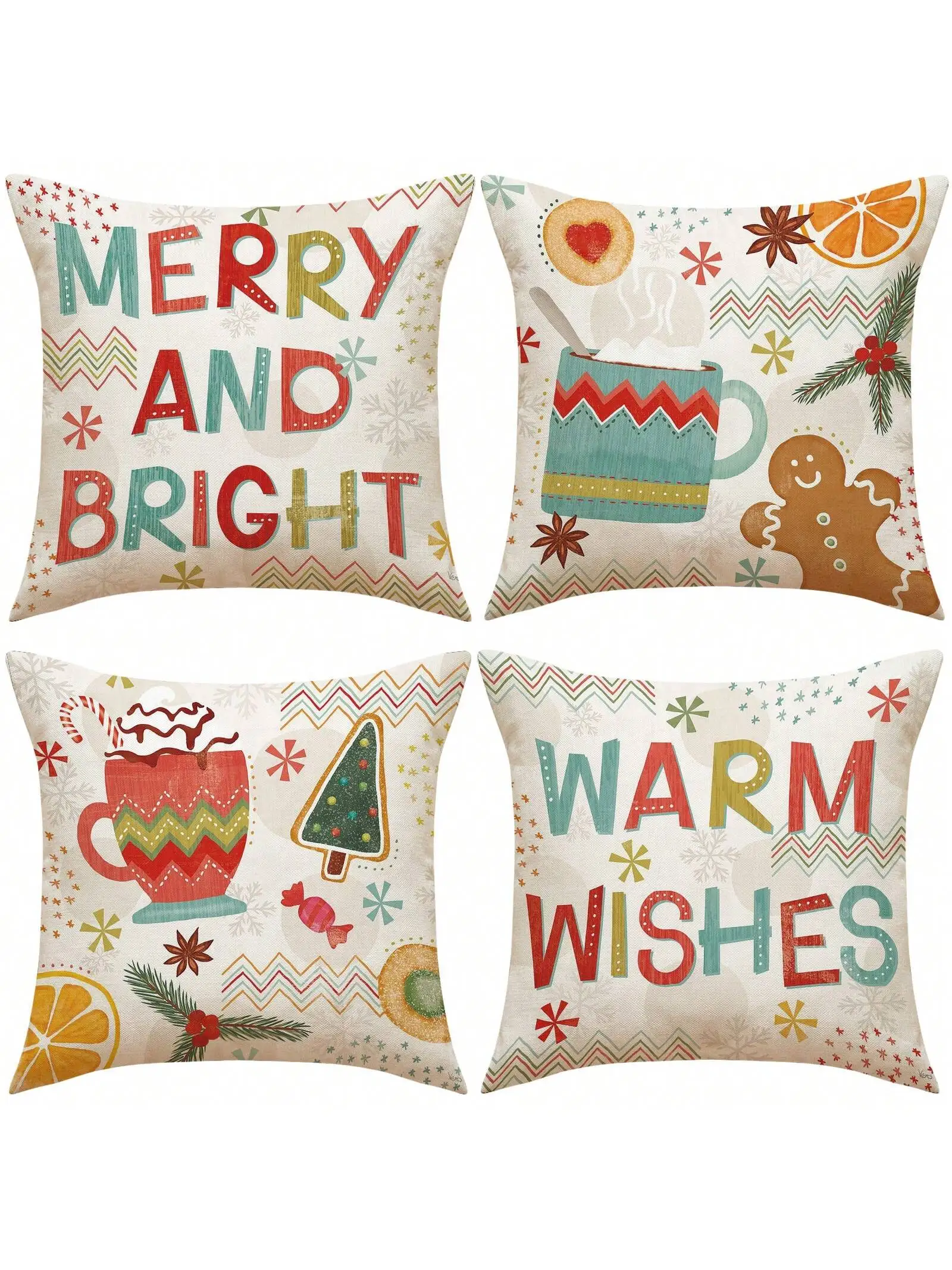 Christmas Snowflake, Christmas Tree, Candy Cane, Snowman Pattern Linen Throw Pillow Covers, 45x45cm, Room Decor