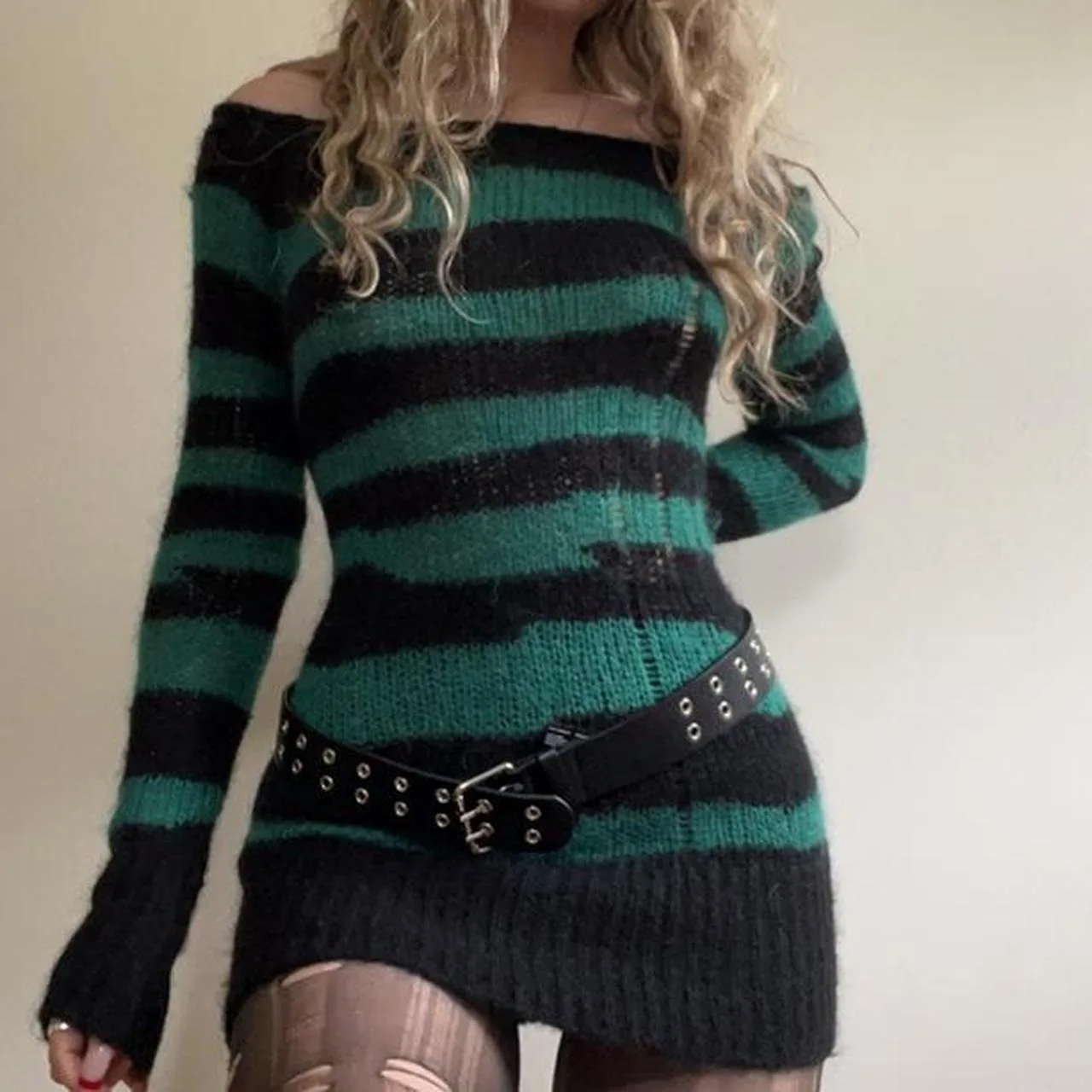 Combhasaki Women\'s Y2K Grunge Kawaii Vintage Long Sleeve Stripe Contrast Color Boat-Neck Off-Shoulder Knitted Mini Sweater Dress