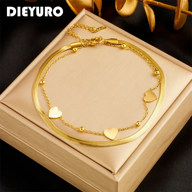 

DIEYURO 316L Stainless Steel Double Layer Heart Leg Anklets For Women New Fashion Flat Snake Chain Jewelry Gift Party Bijoux