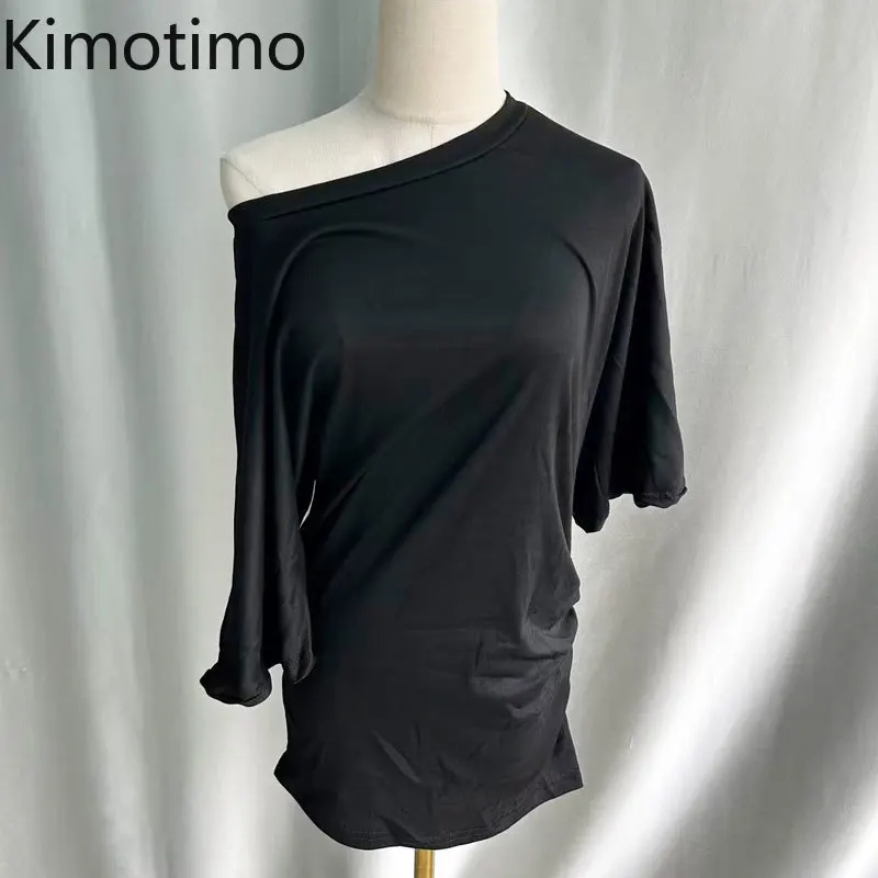 Kimotimo Irregular Off Shoulder T-shirts Women 2026 New Simple Solid Folds Design Tops Korean Lazy Versatile Short Sleeve Tees