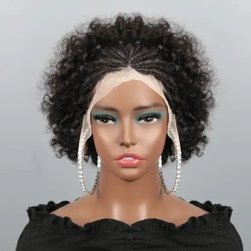 Imagen 2 del producto Pelucas trenzadas para mujeres negras, cabello humano Afro Puff, pelucas de cabello Frontal de encaje, cabello humano Afro rizado 13x4, encaje Frontal pre trenzado