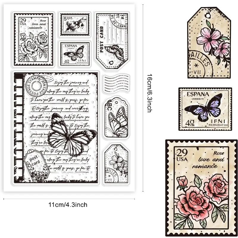 1pc Vintage Butterfly Text Clear Rubber Stamps for Journaling Card DIY Scrapbooking Photo Frame Album Decor 6.3 x 4.3inch