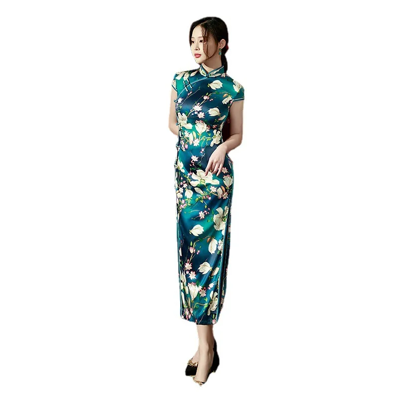 2023 Spring Silk Maxi Long Improved Cheongsam Retro Elegant Performance Chinese Traditional Style Evening Dress Qipao for Women