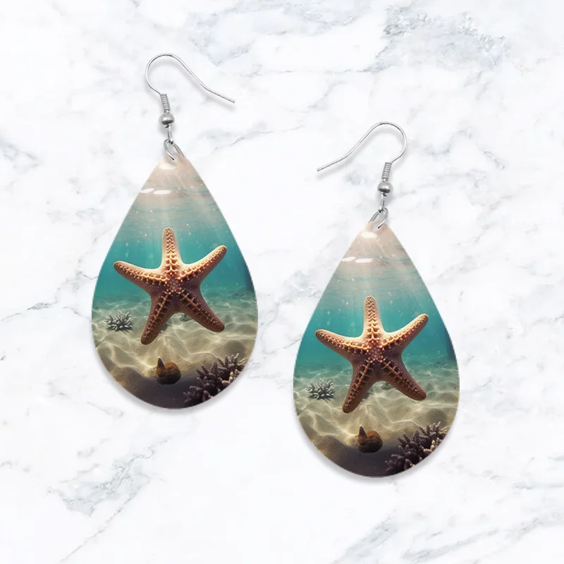 SOMESOOR-pendientes de madera con estampado de Animal marino, aretes en forma de lágrima, diseño de estrella de mar, Tortuga, caballito de mar,