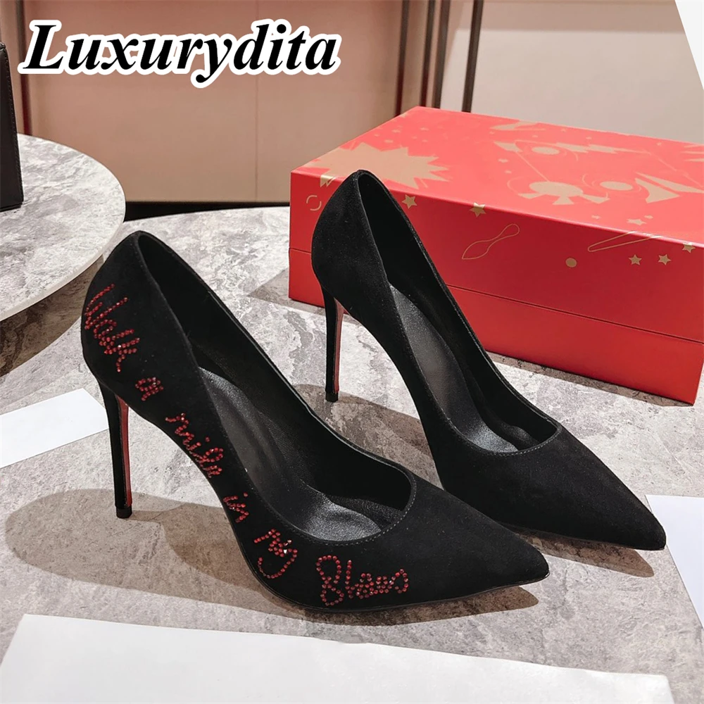 

LUXURYDITA Designer Womens High heels Sandals Real Leather Red heel Pumps Luxury Dinner Wedding Party Banquet Mules H2130