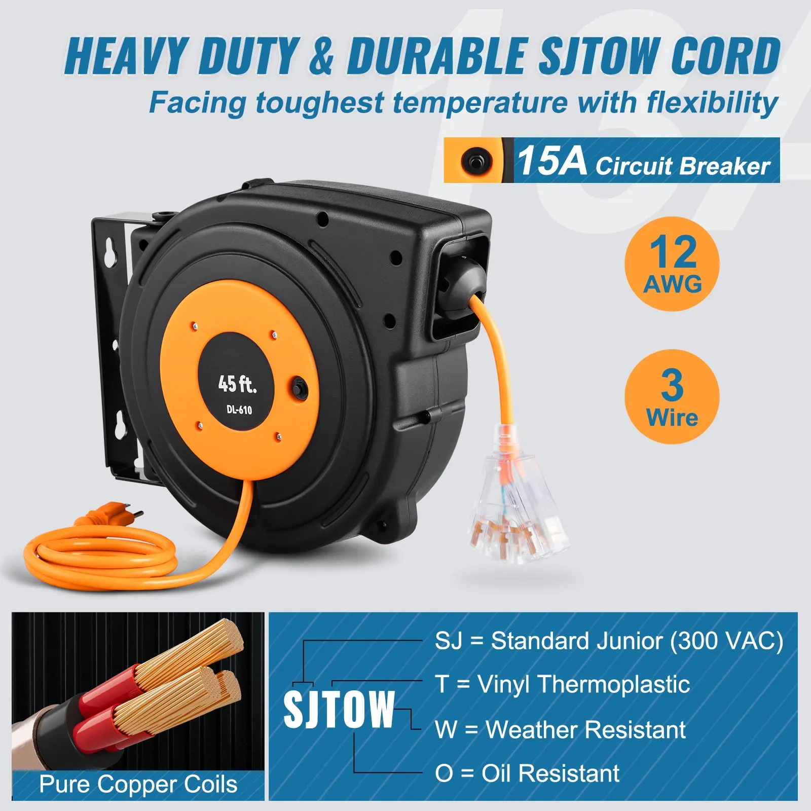 

Retractable Extension Reel, Heavy Duty 12AWG 3C SJTOW Power Cord 45 FT 12AWG, Black