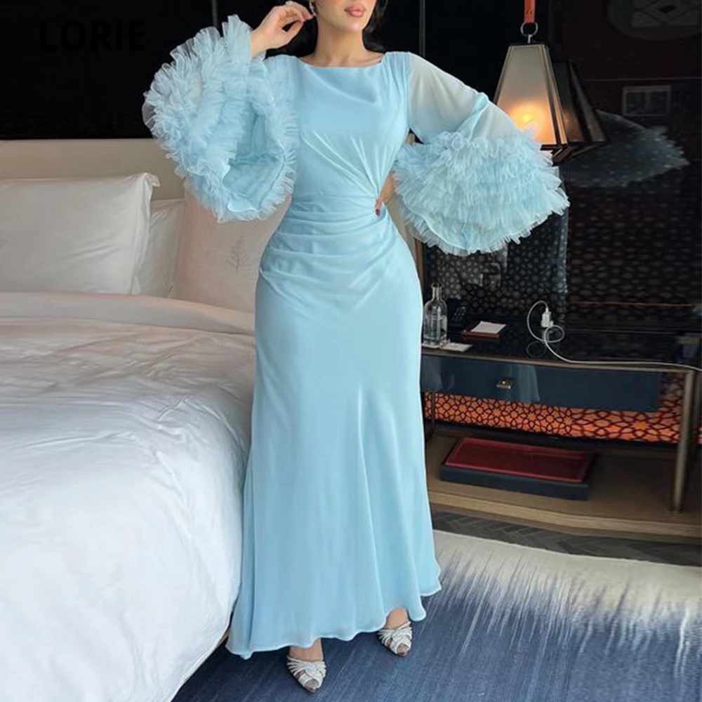 

LORIE Chiffon Evening Dresses Vestidos De Fiesta Tiered Puff Sleeves Arabic Dubai Formal Gowns Sky Blue Mermaid Evening Gowns