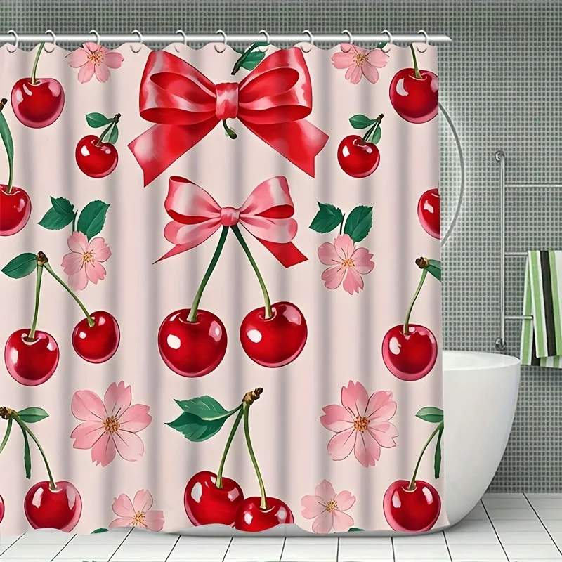 

«Занавеска для душа Cherry Blossom — яркая красная вишня с розовыми цветами и зелеными листьями, идеально подходит для весеннего декора ванной комнаты»