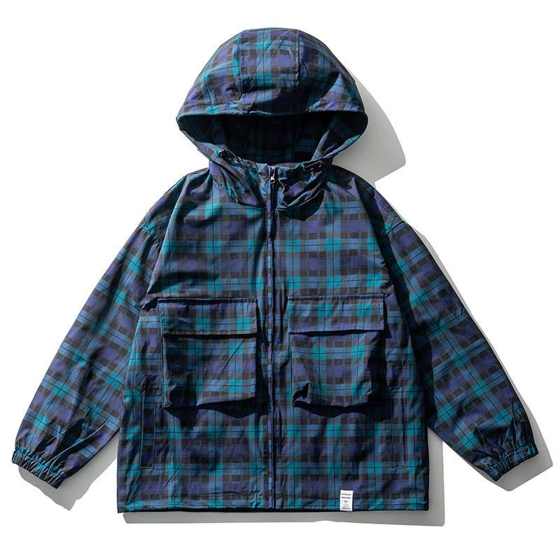 Chaqueta cortavientos a cuadros japonesa para hombre, sudadera con capucha de carga con contraste azul y verde para primavera y otoño, chaqueta cortavientos de gran tamaño para parejas