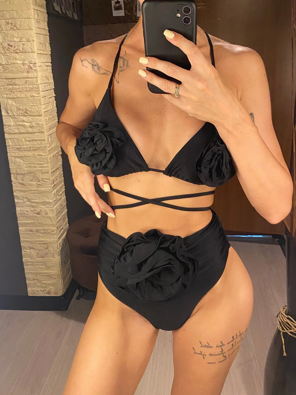 S - XL 3D Flowers Halter Female Swimsuit High Waist Bikini Women Swimwear Two-pieces Bikini set Bather Bathing Suit Swim V5372