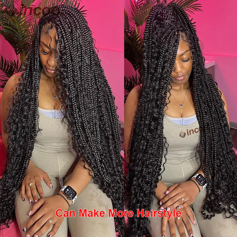 Faux Boho วิกผมสังเคราะห์ลูกไม้ด้านหน้าด้านหน้า Braided Wigs สแควร์ Knotless กล่อง Braids Wigs สําหรับผู้หญิงสีดําเทพธิดา Locs วิกผมหยิกปลาย