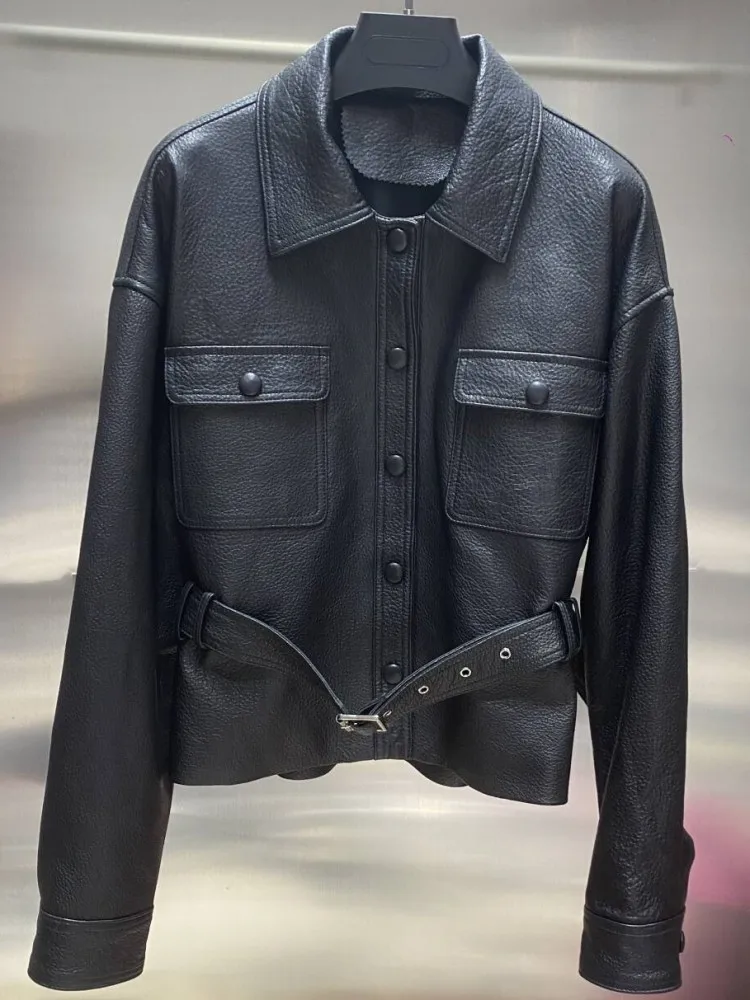 Dolce signora vera pelle maniche lunghe bavero fibbia cinturino tinta unita giacca corta tasca in pelle di pecora monopetto cappotto ampio