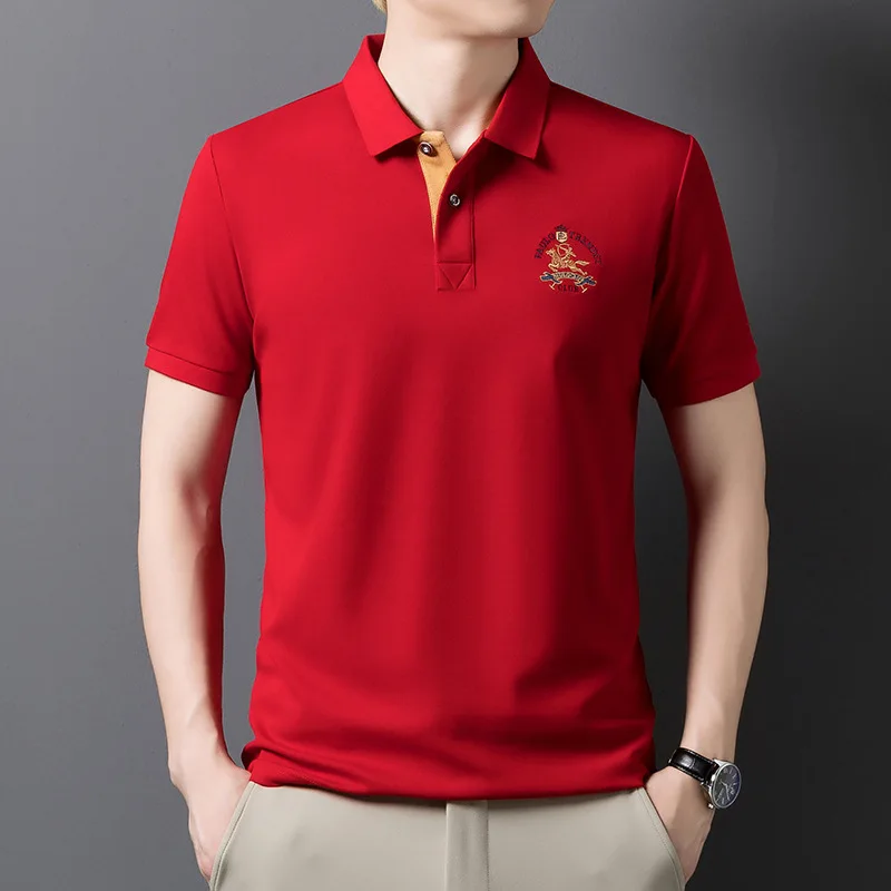 Summer Men's Short Sleeved Embroidered Lapel T-shirt Lightweight Streetwear Fashionable Breathable Retro Business Casual Top