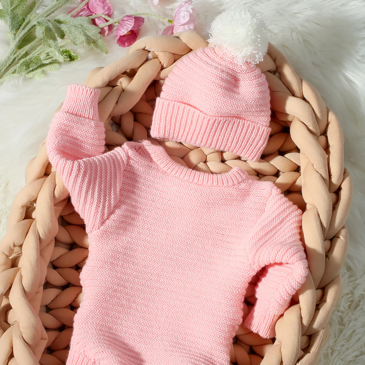 Ylsteed Hello Baby Newborn Photography Romper and Pom Hat Set Knitted Newborn Girl Outfits for Photo Shooting Infant Photo Props
