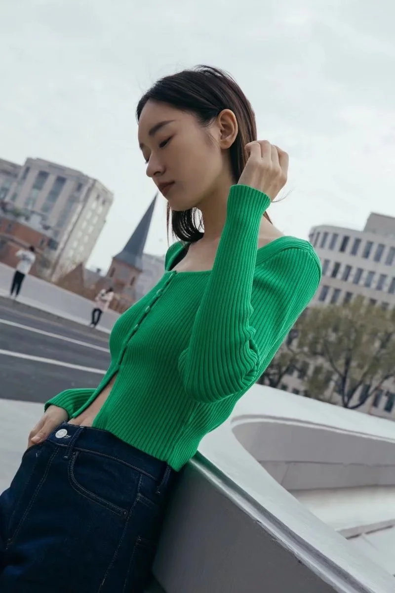 Cárdigan de punto con cuello cuadrado Retro americano, ropa interior ajustada con botones de perlas, informal, largo, Sve Spring Faion