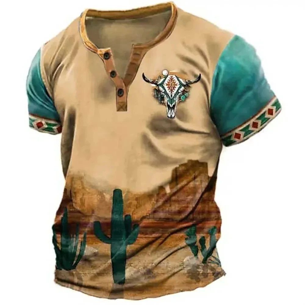 Herren Henley T-Shirt V-Ausschnitt Tribal-Print Vintage Oversized Knopf-T-Shirt Herren Harajuku Kleidung Streetwear