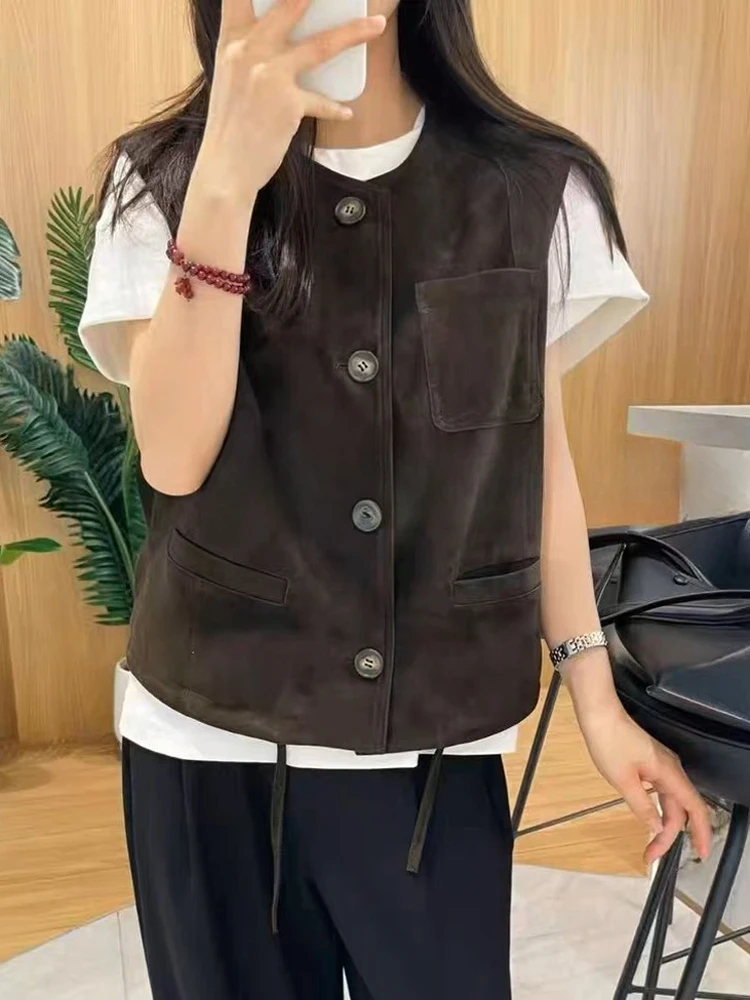 Ropa superior de cuero de ante para Mujer, Chaleco de cuero genuino, pantalón corto informal, estilo Retro británico, en capas, Chaleco para Mujer