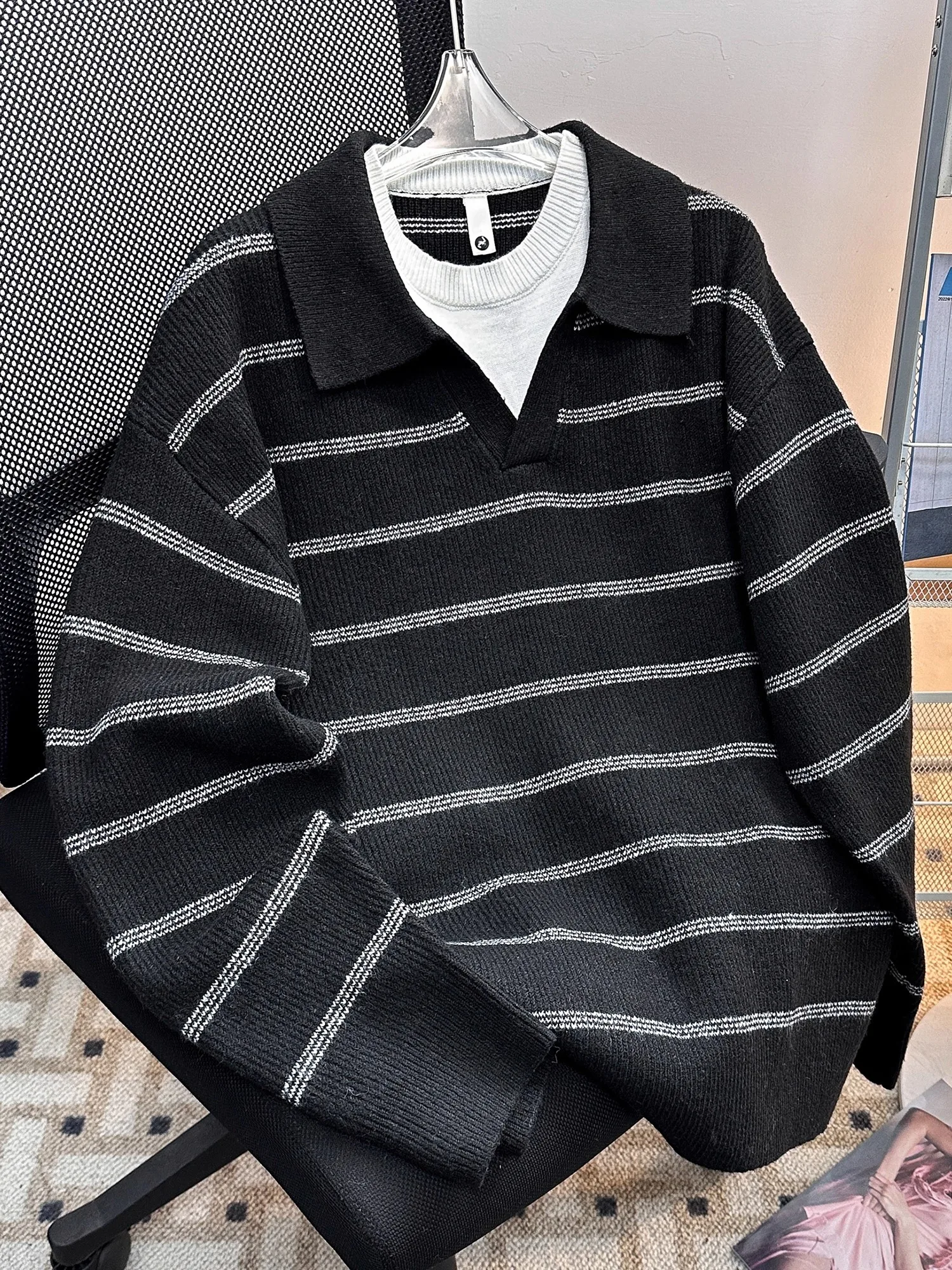 

Мужской вязаный свитер с V-образным вырезом, в полоску, свободного кроя, осенне-зимний, модный, повседневный, с длинными рукавами, термотоп