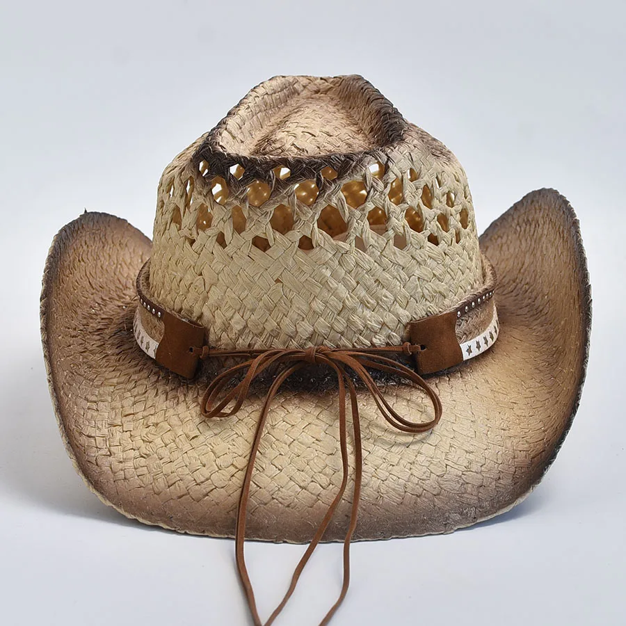 Hand-woven Natural Straw Western Cowboy Hat for Women Men Summer Outdoor Breathable Beach Sun Hats