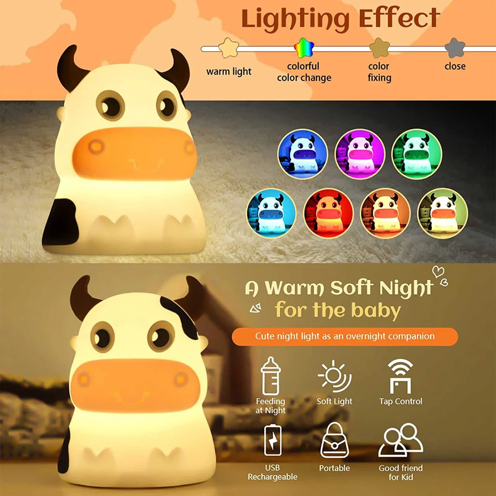 Cute Cow Night Light Remote Nightlight 7Colors Soft Silicone Animal LED Nursery Night Lamp Bedroom Decor for Baby Infant Toddler