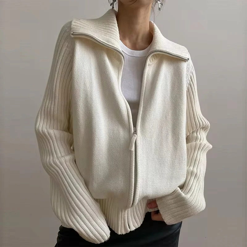 2026 Autumn and Winter Solid Color Loose Lapel Sweater Women's Lazy Knitted Cardigan Sweater