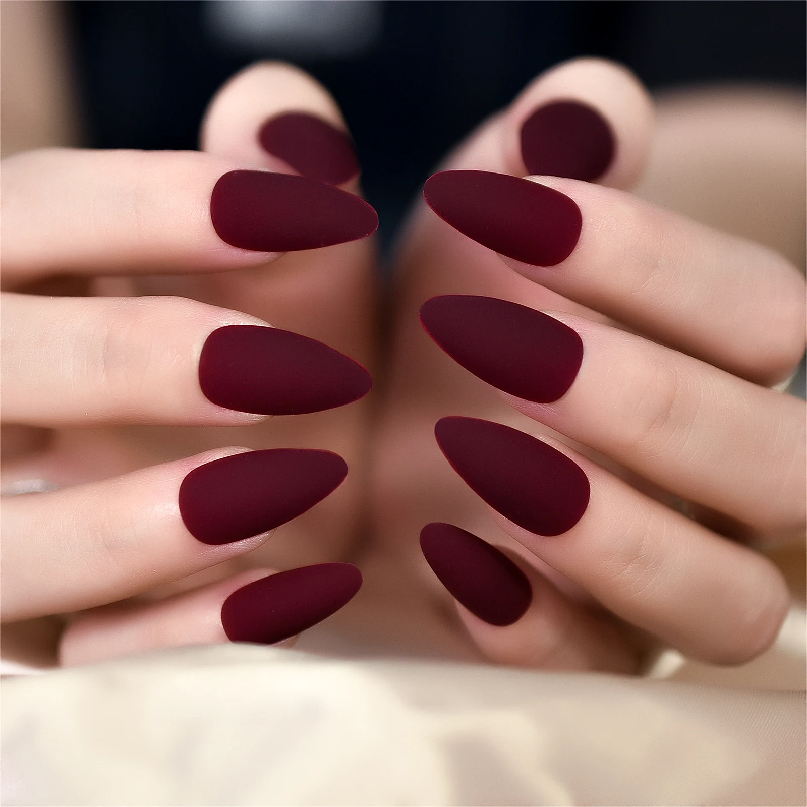 Matte Fingernails Medium Almond Fake Nails Art Solid Color Pure Wine Red Press On Nails Manicure At Home False Nails For Daily