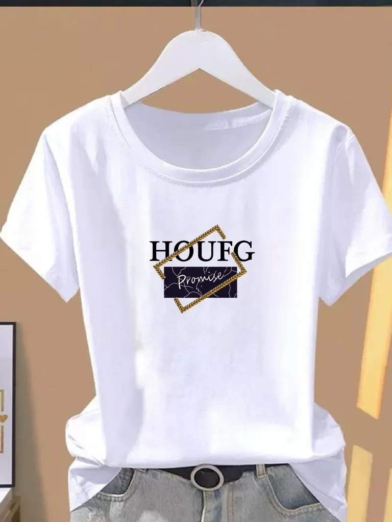 

Женская футболка свободного кроя с круглым вырезом и принтом, с короткими рукавами, в корейском стиле, повседневный топ больших размеров, модная летняя футболка для похудения