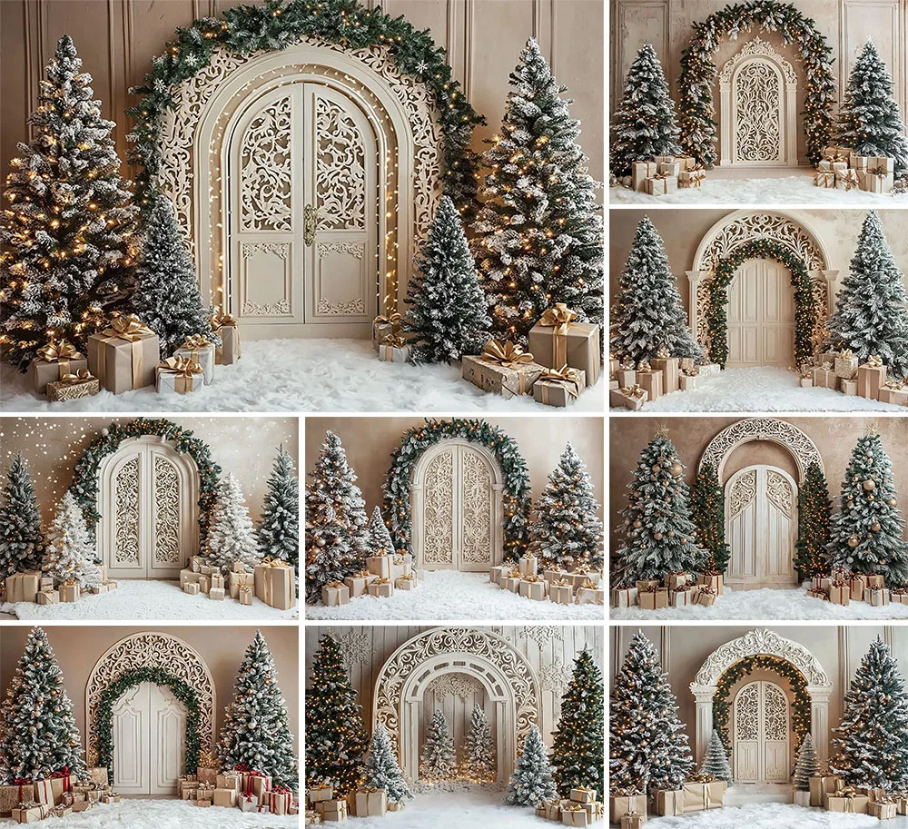 

Mehofond Christmas Beige Wall White Arch Photography Backdrops Kids Portrait Baby Shower Xmas Trees Gifts Background Photozone