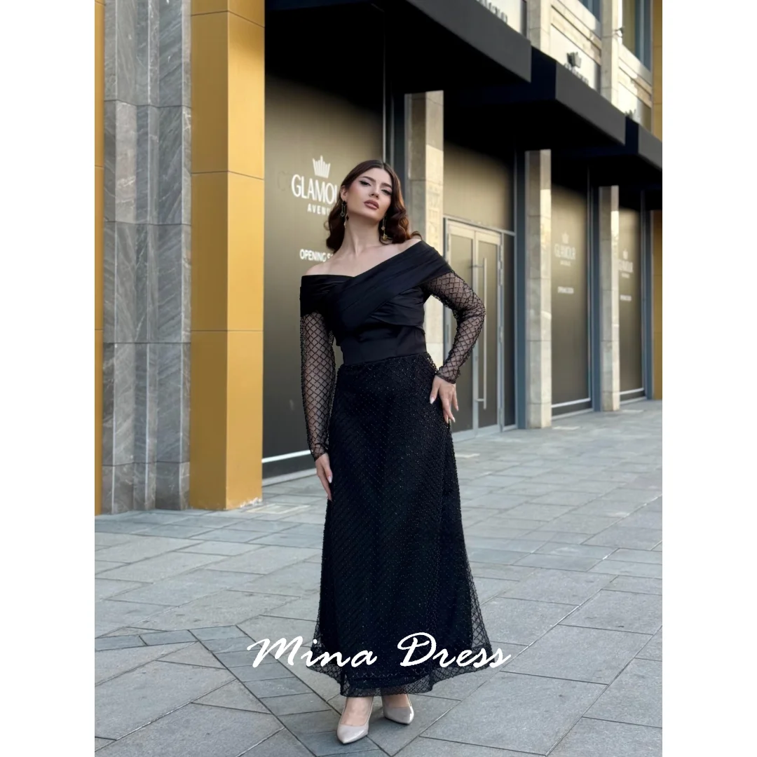 

Mina Customized Sequins. Long Sleeves Luxurious Women's Evening Dresses for Special Occasions V Collar Dropped Shoulders Party