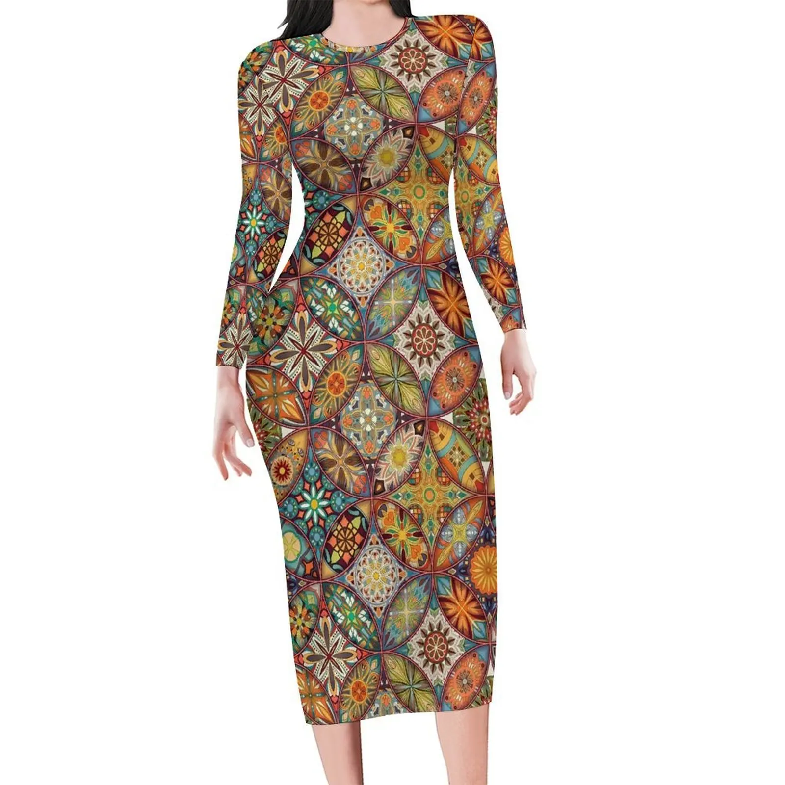 

Retro Boho Floral Dress Long Sleeve Patchwrok Print Sexy Dresses Autumn Womens Street Wear Printed Bodycon Dress Big Size