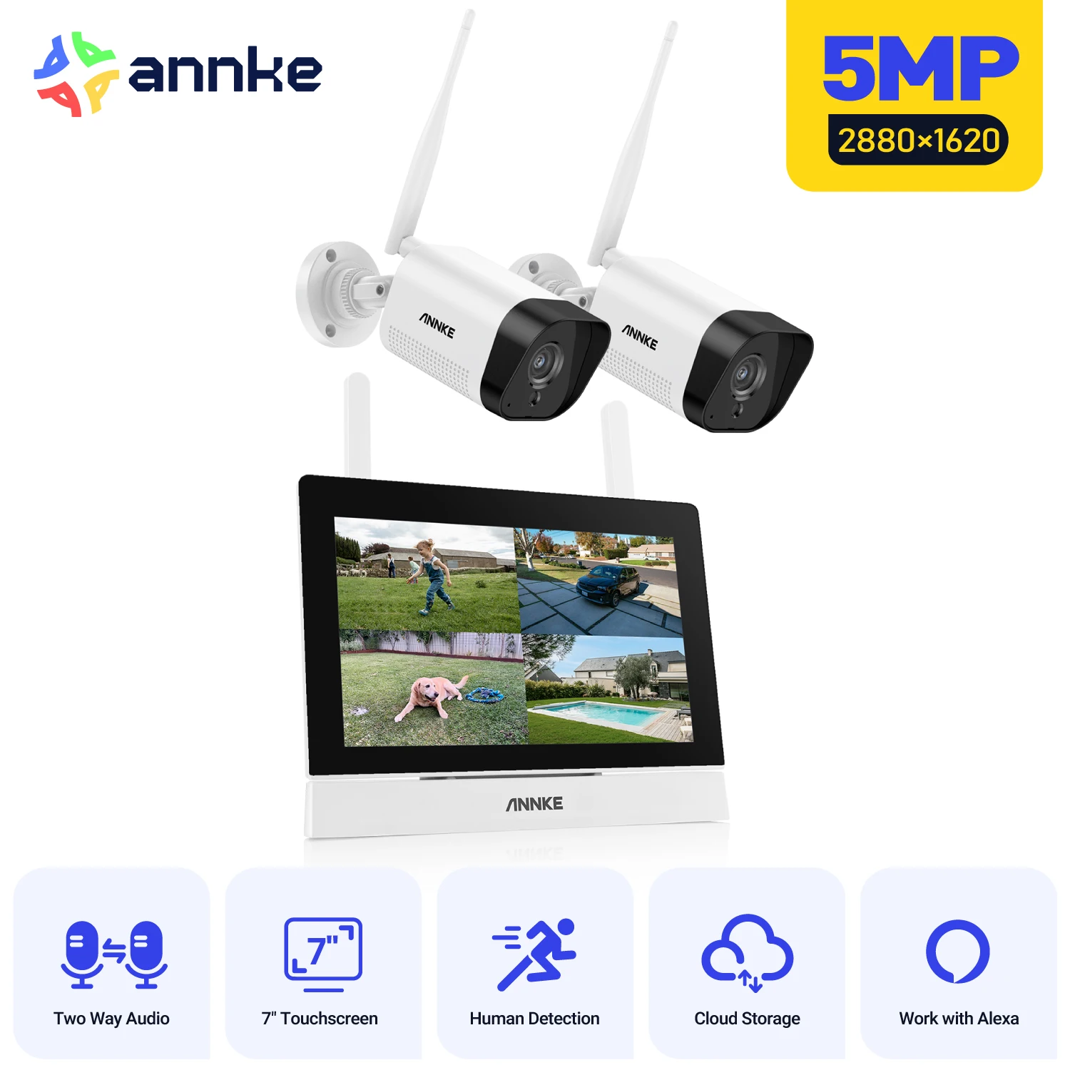 ANNKE WTL500 5MP Super HD 4Ch 7″ Monitor 2PCS Cameras Wireless NVR CCTV System Motion Detection Two-Way Audio IR Night Vision