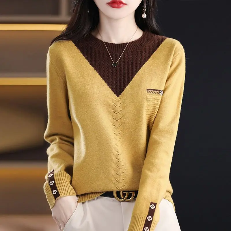 Autumn Winter Women\'s Clothing Pullover Solid Color Sweater Knitted Long Sleeve Casual Office Lady Fake Two Pieces Korean Tops