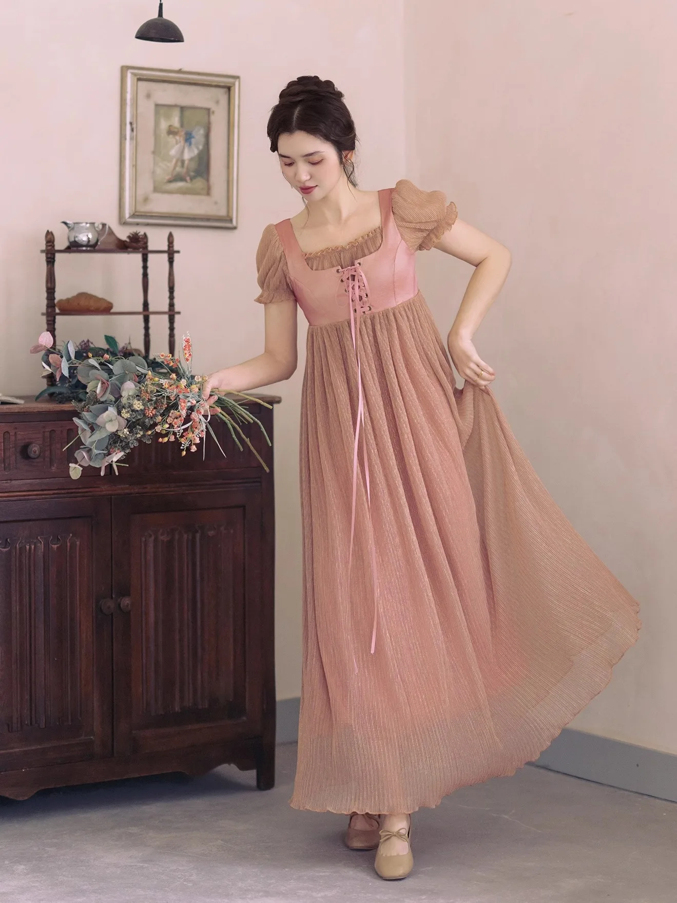 TIYIHAILEY レディース メッシュワンピース 半袖 ロング丈 マキシワンピース S-XL ヴィンテージ ハイウエスト 2026年新作 ピンク 夏 スクエアネック