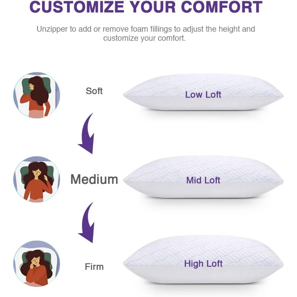 King Size Cooling Pillows Set of 2, Shredded Memory Foam with Zipper, Adjustable Firmness for All Sleepers, 20x36