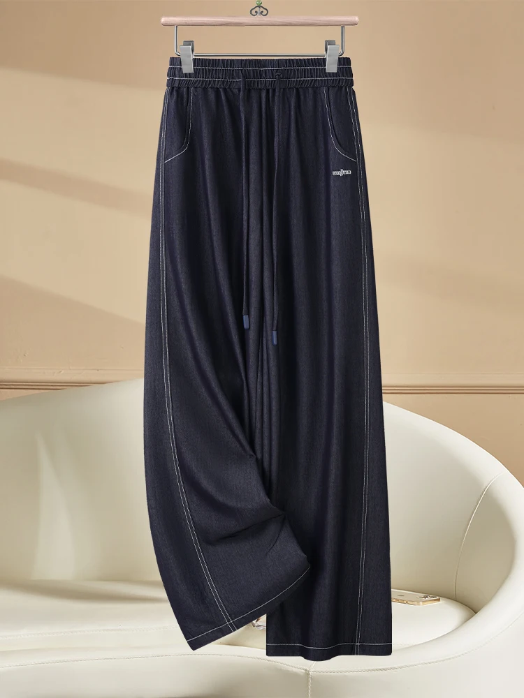

Deep Blue Wide Leg Denim Jeans Women's Spring Summer Loose Casual Pants High Waist Straight Cut Drapey Comfortable Fit