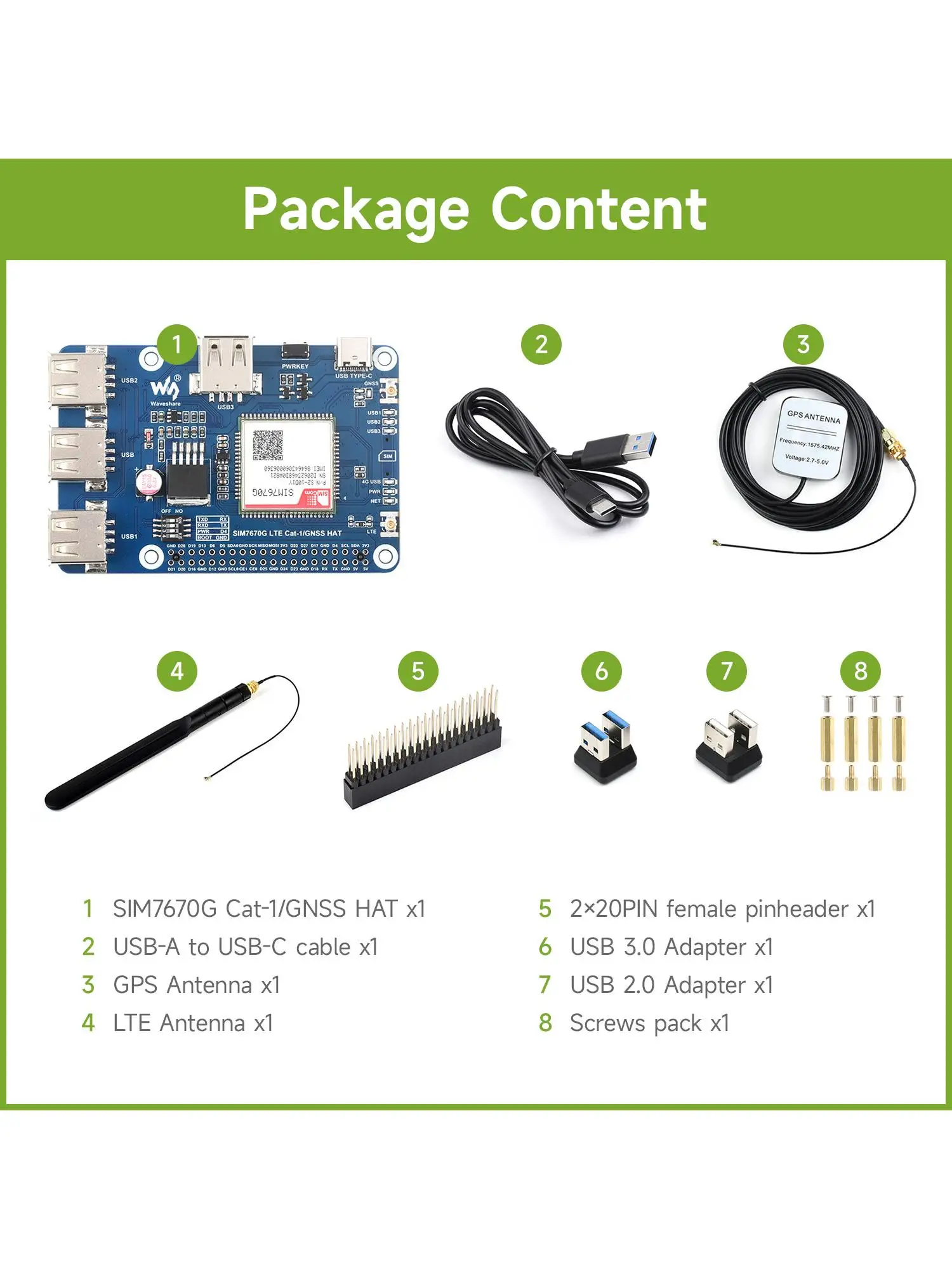 Waveshare Cat-1/GNSS HAT für Raspberry Pi, basierend auf SIM7670G-Modul, unterstützt globales Multiband-LTE 4G Cat-1, GNSS, 3x USB 2.0