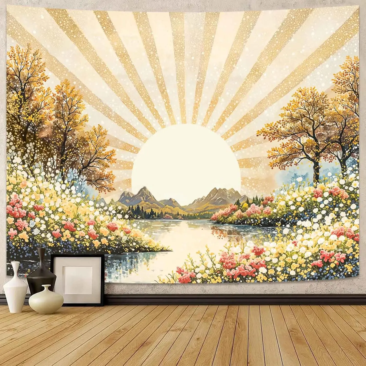 Heavenly Floral Sunrise Tapestry, Spring Garden Lake Mountain Print Large Wall Art for Cozy Bedroom Living Room Dorm Aesthetic
