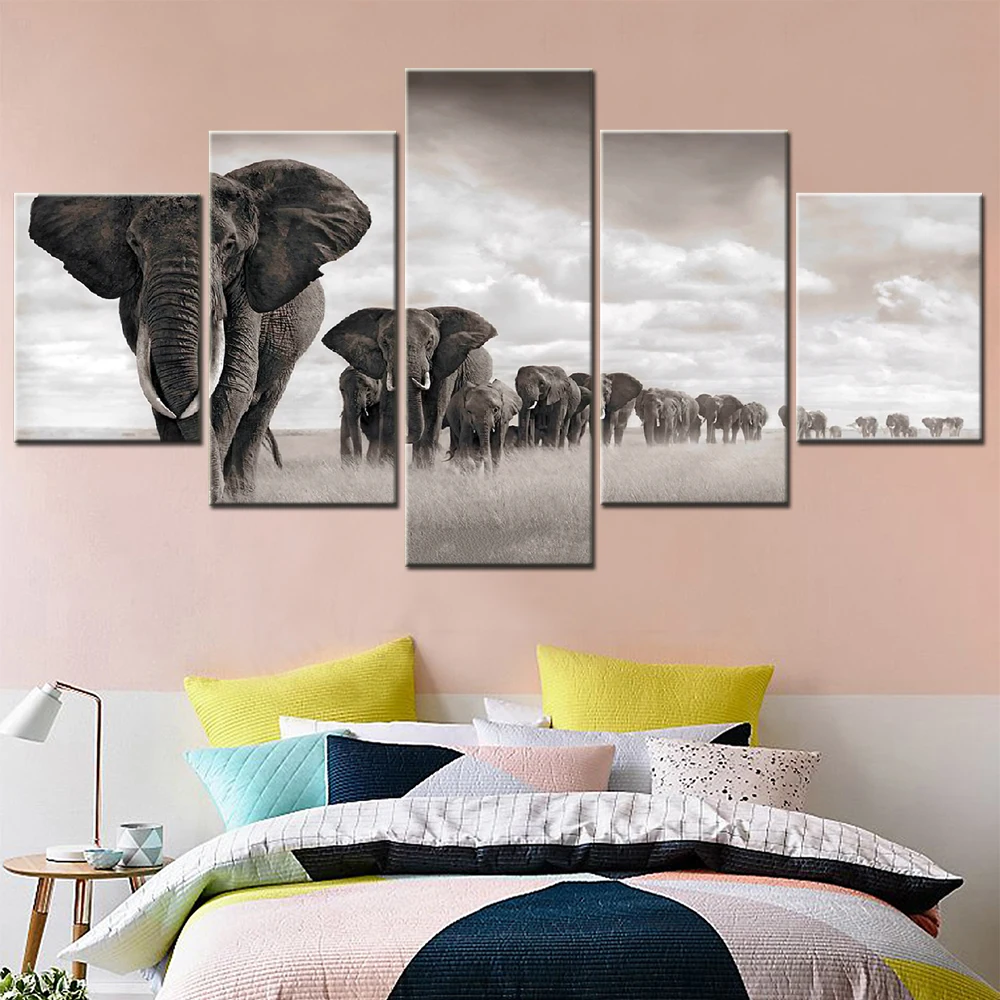 Landscape Poster Painting 5 Pieces Wall Art Canvas Elephant Herd  Picture Print Artwork Living Room Modern Home Decor Framework