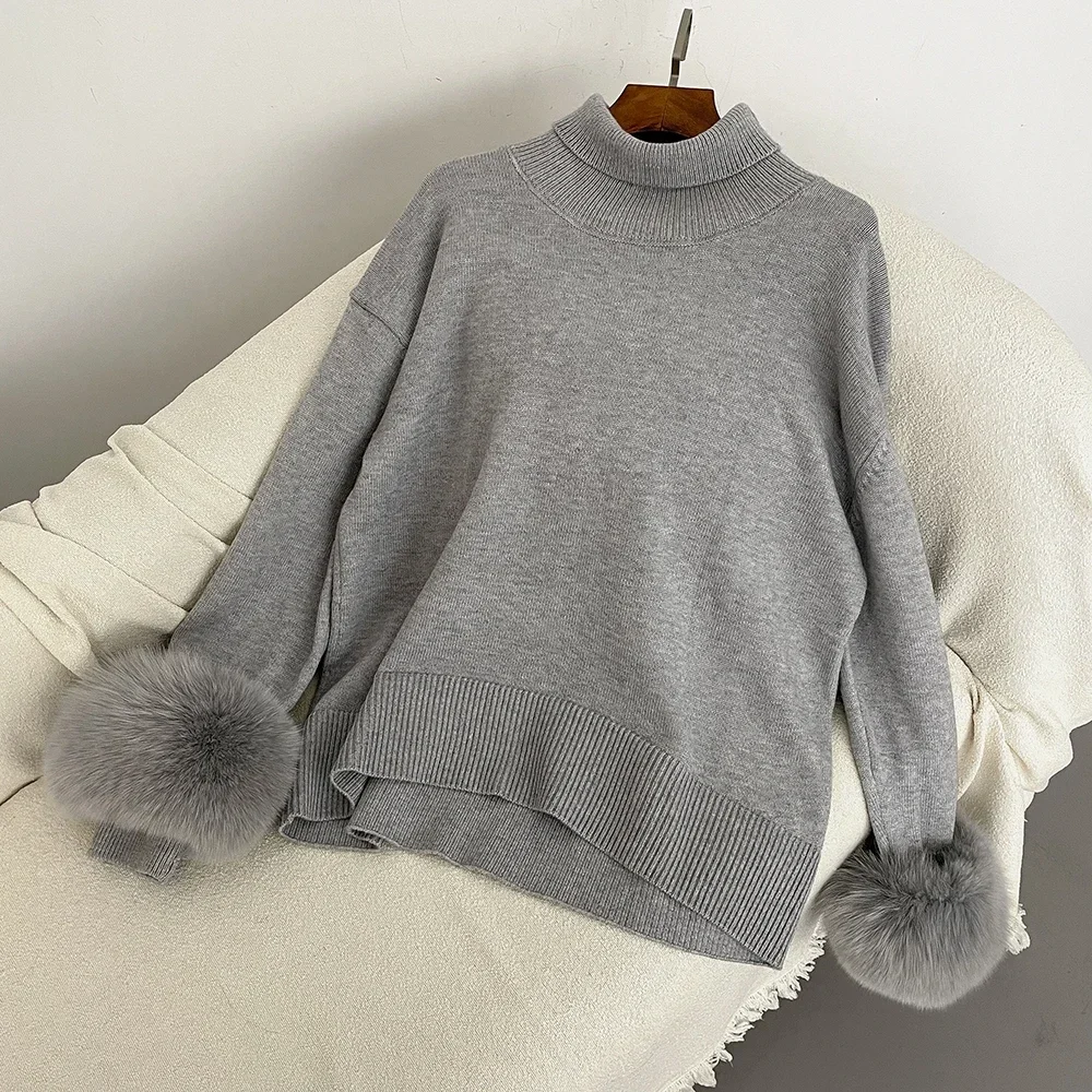 Slim Fit Sweaters Real Fox Fur Coat 2024 Sweater Women Autumn Winter New Fashion Sleeves Natural Fur Knitwear Pull Femme Vintage