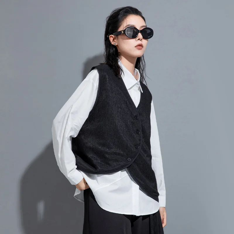 2023 Autumn Women Black Vest Coat Asymmetric Length Loose Casual Jacket Sleeveless Outwear