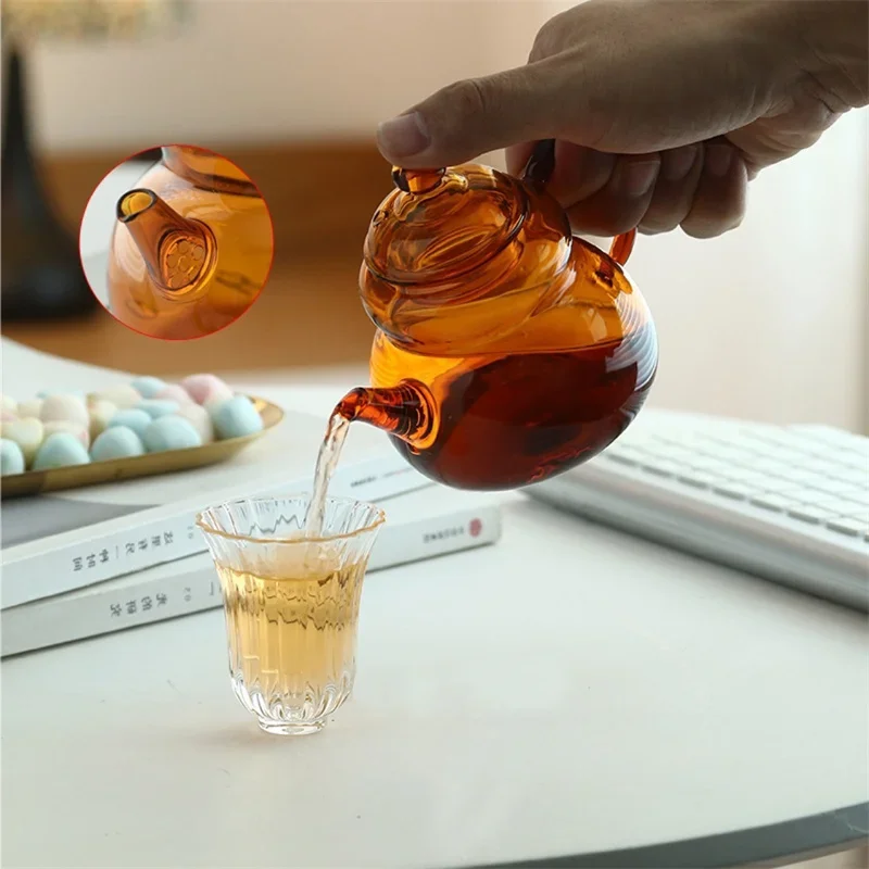 220ML Amber Color Gourd Shape Small Glass Teapot, Household Brewing Flower Puer Green Tea Pot Kung Fu Tea Set 6