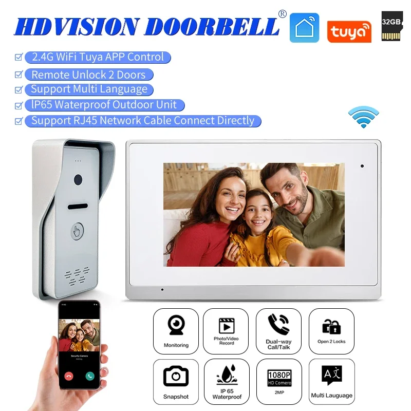 

B IP Wired Wifi Tuya Doorbell 2.4 Ghz Digital 7‘’ Videocitofono Cat5 Cat6 Single House Video Door Phone