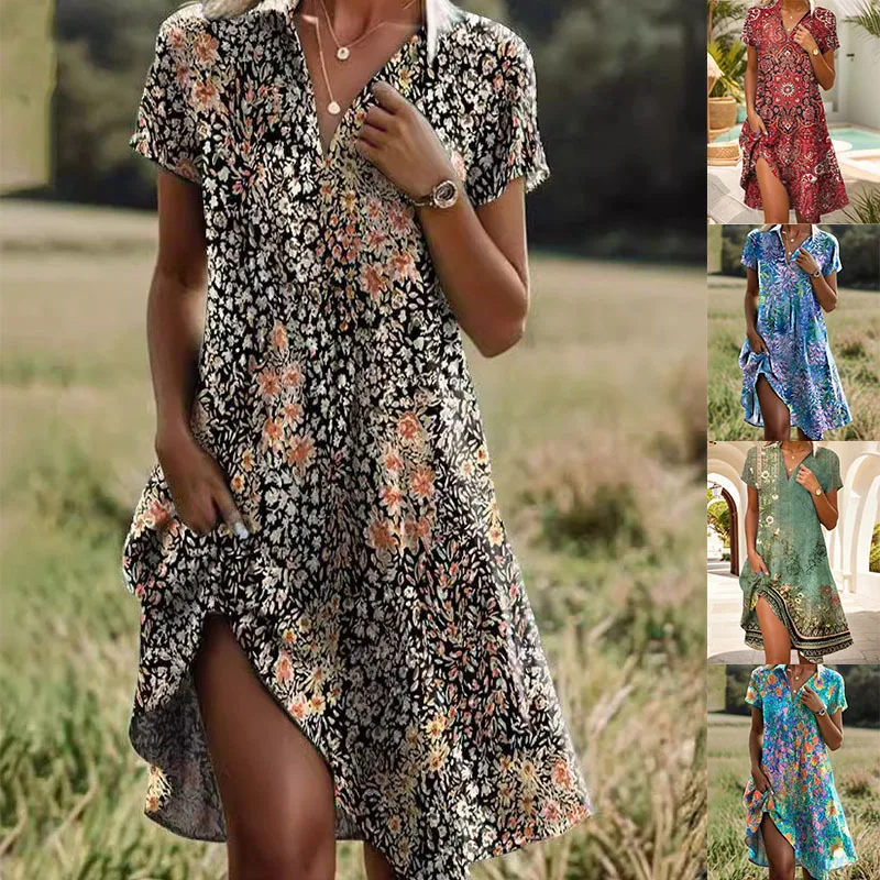 

2025 Summer New Women's V-neck Short-sleeved Long Dress Bohemian Print Dress Women