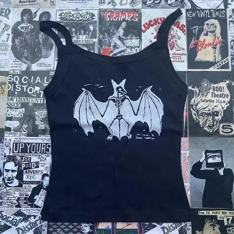 Punk Aesthetic Summer Tank Top Gothic Bat Graphic Emo Girl Streetwear Vintage Crop Top Women Backless Camisole Y2k Style Clothes